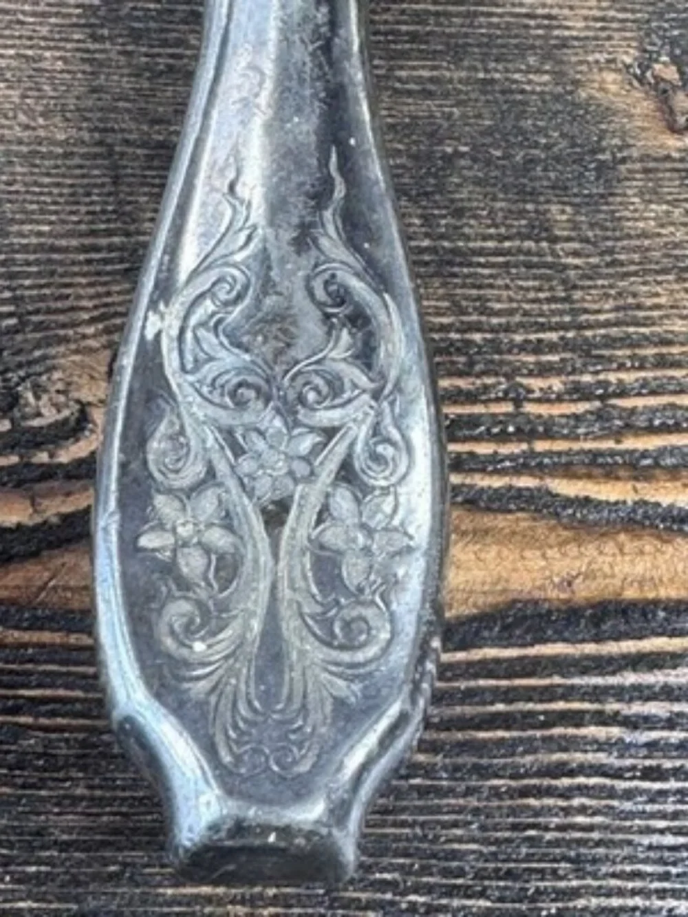 Vintage Handheld Vanity Mirror Floral Etched Metal Frame Tarnished Silver